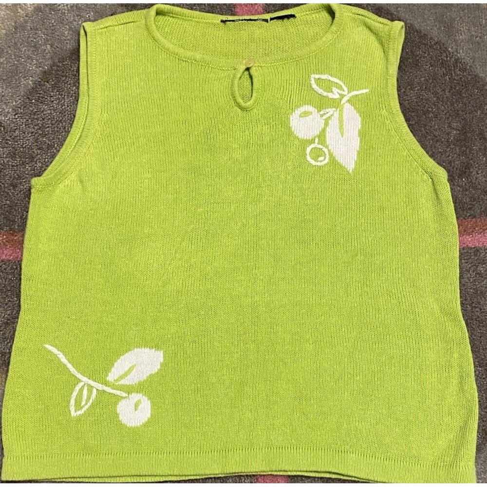 Vintage Cottagecore Lime Green Sweater Tank Top White Cherry Boho Fruit Retro